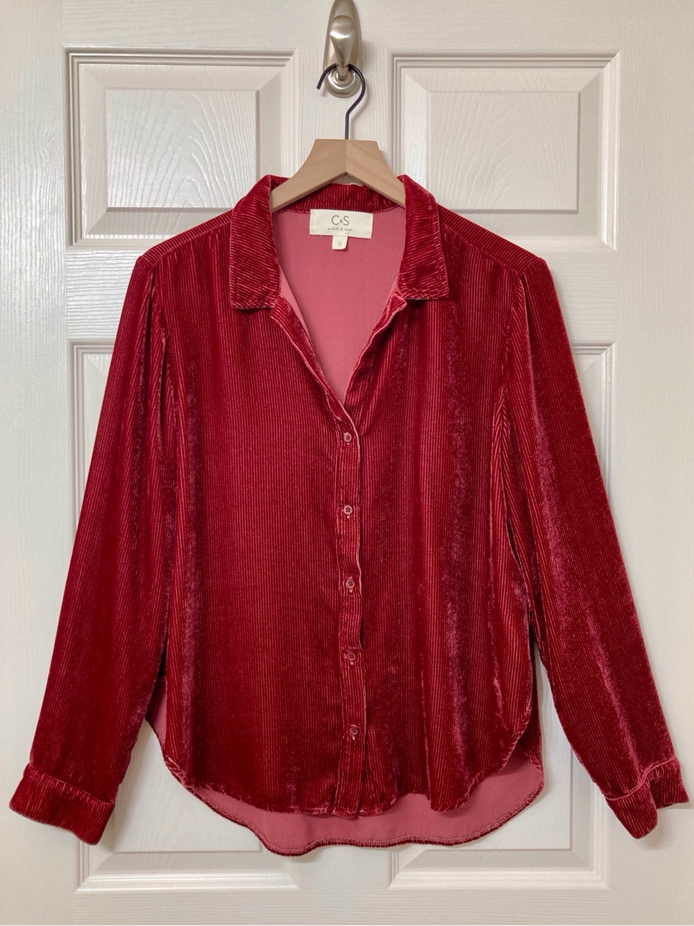 Cloth & Stone Silk Blend Red Corduroy Velvet Button Down Shirt Medium Christmas